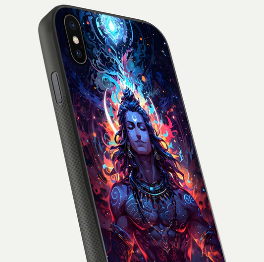 Divine Fire Shiv Glass Case for iPhone Xs close-up highlighting divine detailing and reflection depth