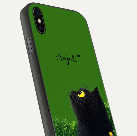 Emerald Cat Custom Name Glass Case for iPhone Xs close-up highlighting feline detail, emerald hues, and reflection polish