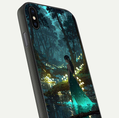 Enchanted Forest Glow Glass Case for iPhone Xs close-up highlighting trees, lights, and reflection texture