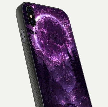 Eternal Cosmic Drive Glass Case for iPhone Xs close-up highlighting cosmic lights and reflection depth