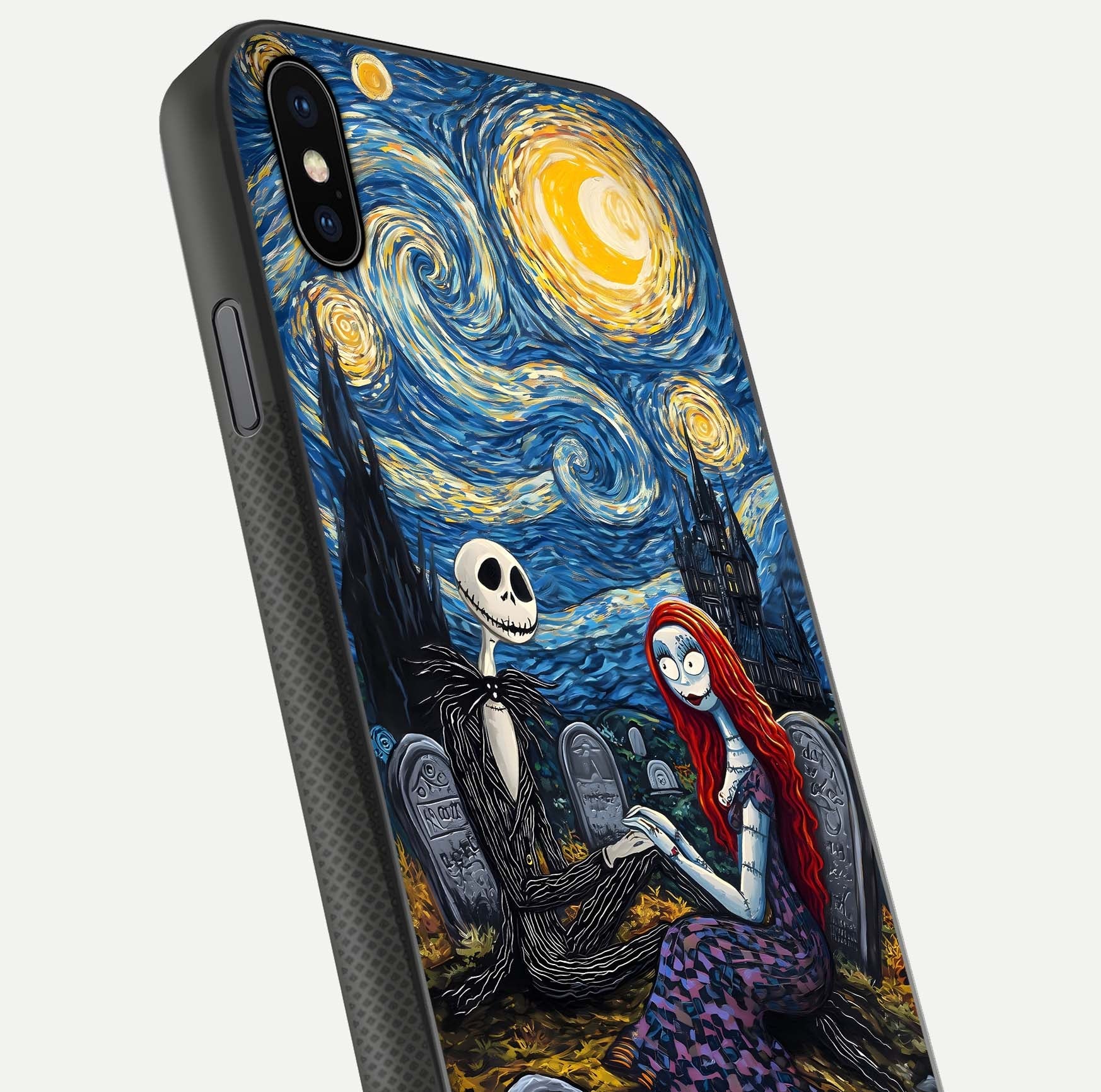 Eternal Night Love Glass Case for iPhone Xs close-up highlighting stars and reflection glow
