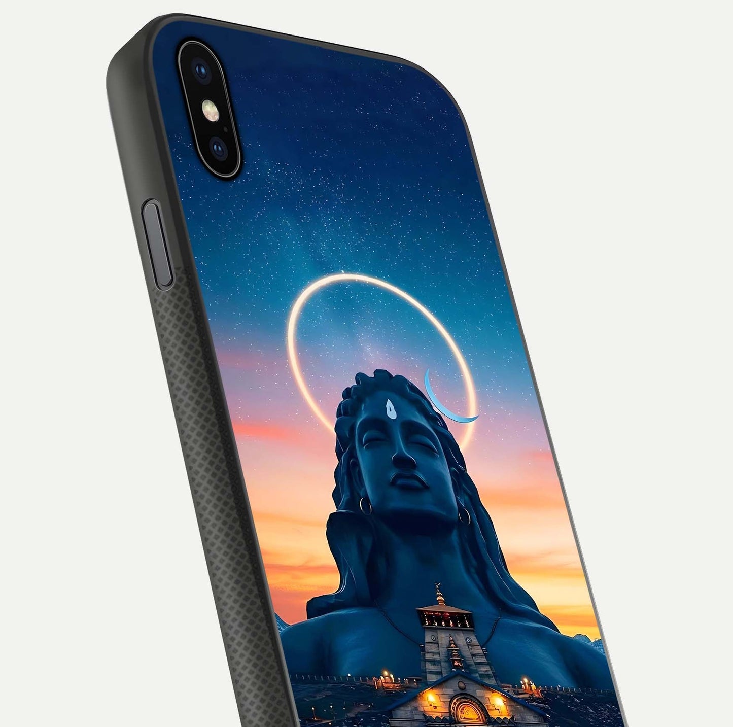Eternal Shiva Aura Glass Case for iPhone Xs close-up highlighting divine detailing and reflection light