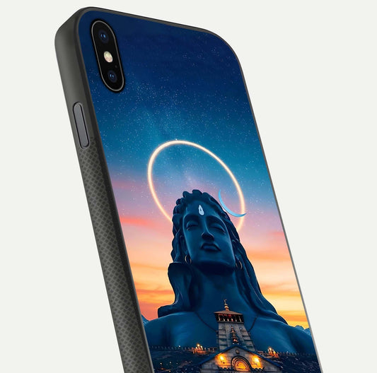 Eternal Shiva Aura Glass Case for iPhone Xs close-up highlighting divine detailing and reflection light