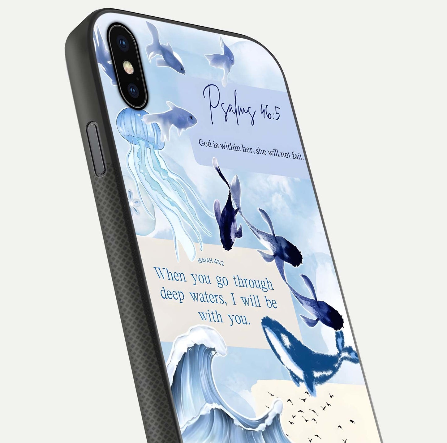 Faithful Ocean Promise Glass Case for iPhone Xs close-up highlighting water reflection and serene blue tones