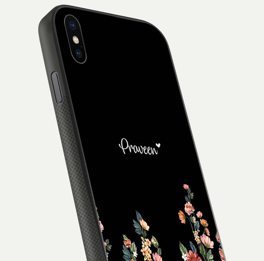 Floral Design Personalized Custom Name Glass Case for iPhone Xs close-up highlighting name clarity, petals, and gloss