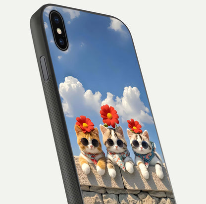 Floral Kitty Squad Glass Case for iPhone Xs close-up highlighting cat detail and flower patterns with HD shine