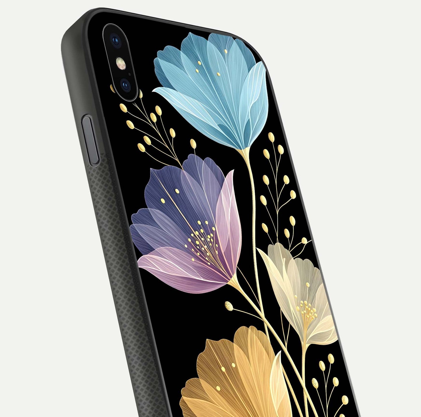 Flower Bloom Glow Glass Case for iPhone Xs close-up highlighting bloom detail and reflection polish