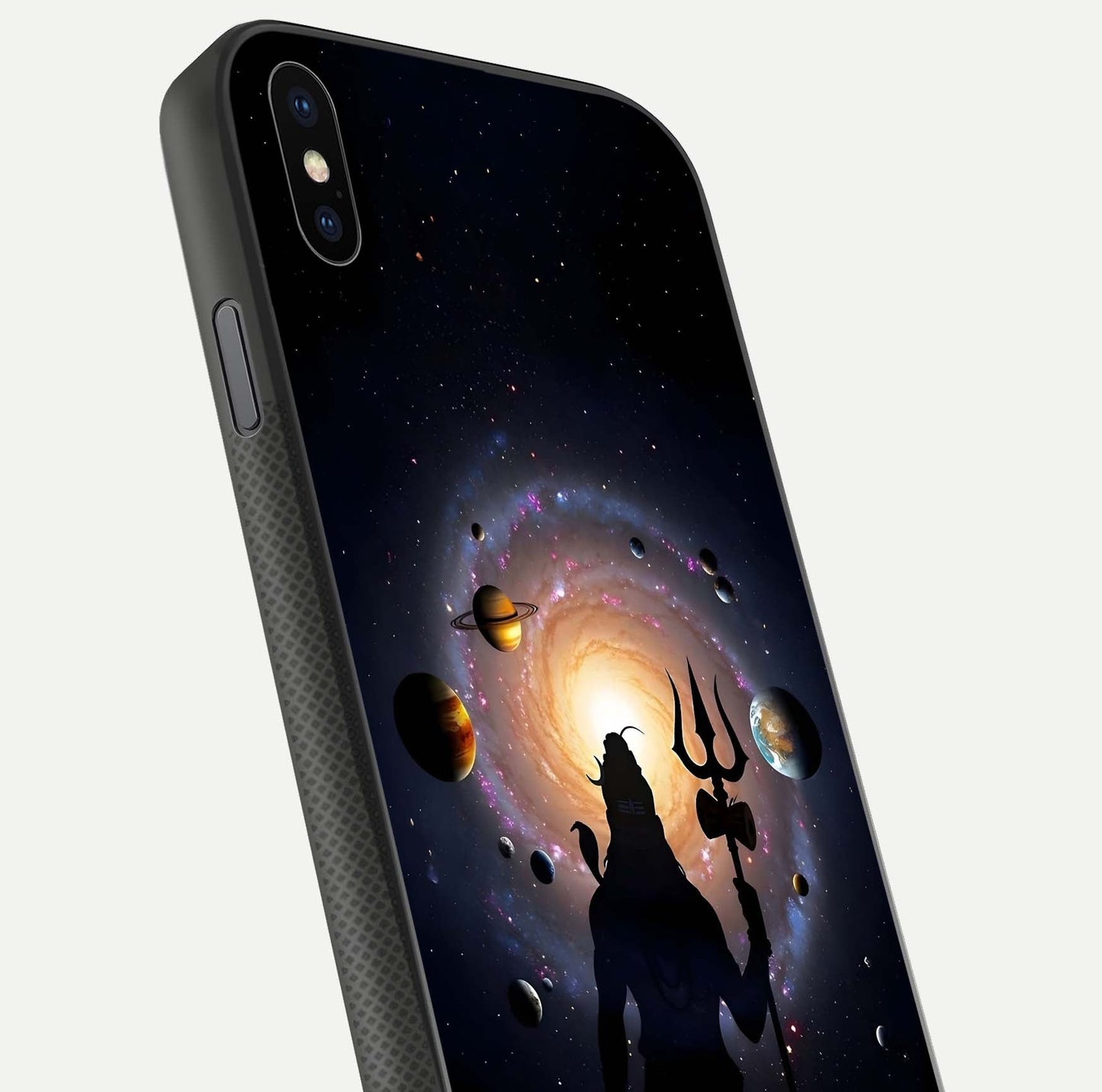 Galactic Shiva Vision Glass Case for iPhone Xs close-up angled shot highlighting divine aura, trident details, and reflection shine