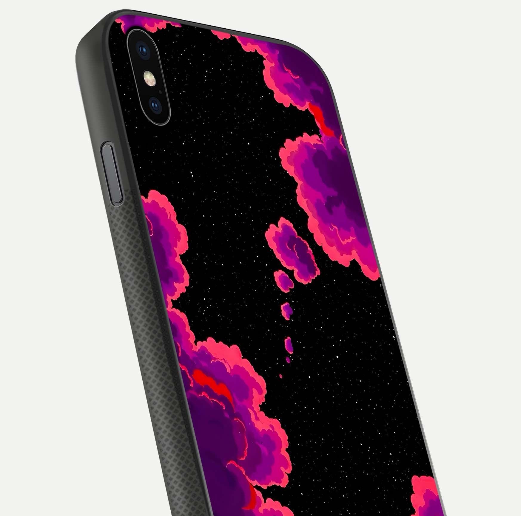 Galaxy Dream Frame Glass Case for iPhone Xs close-up angled shot showing nebula patterns and reflection glow