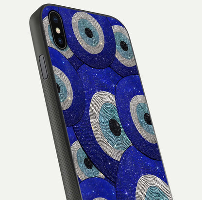 Galaxy Eye Flow Glass Case for iPhone Xs close-up angled shot showing vivid swirl detail and reflection brightness