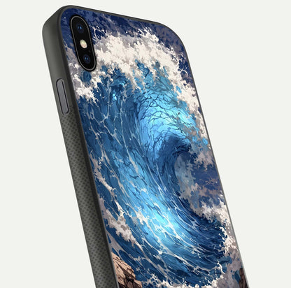 Giant Ocean Wave Glass Case for iPhone Xs close-up angled shot showing wave texture and water reflection shine