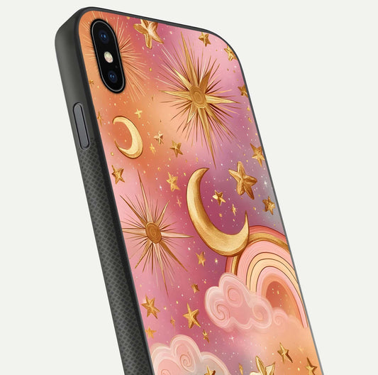 Golden Celestial Dreams Glass Case for iPhone Xs close-up angled shot showing cosmic gold tones and reflection shine