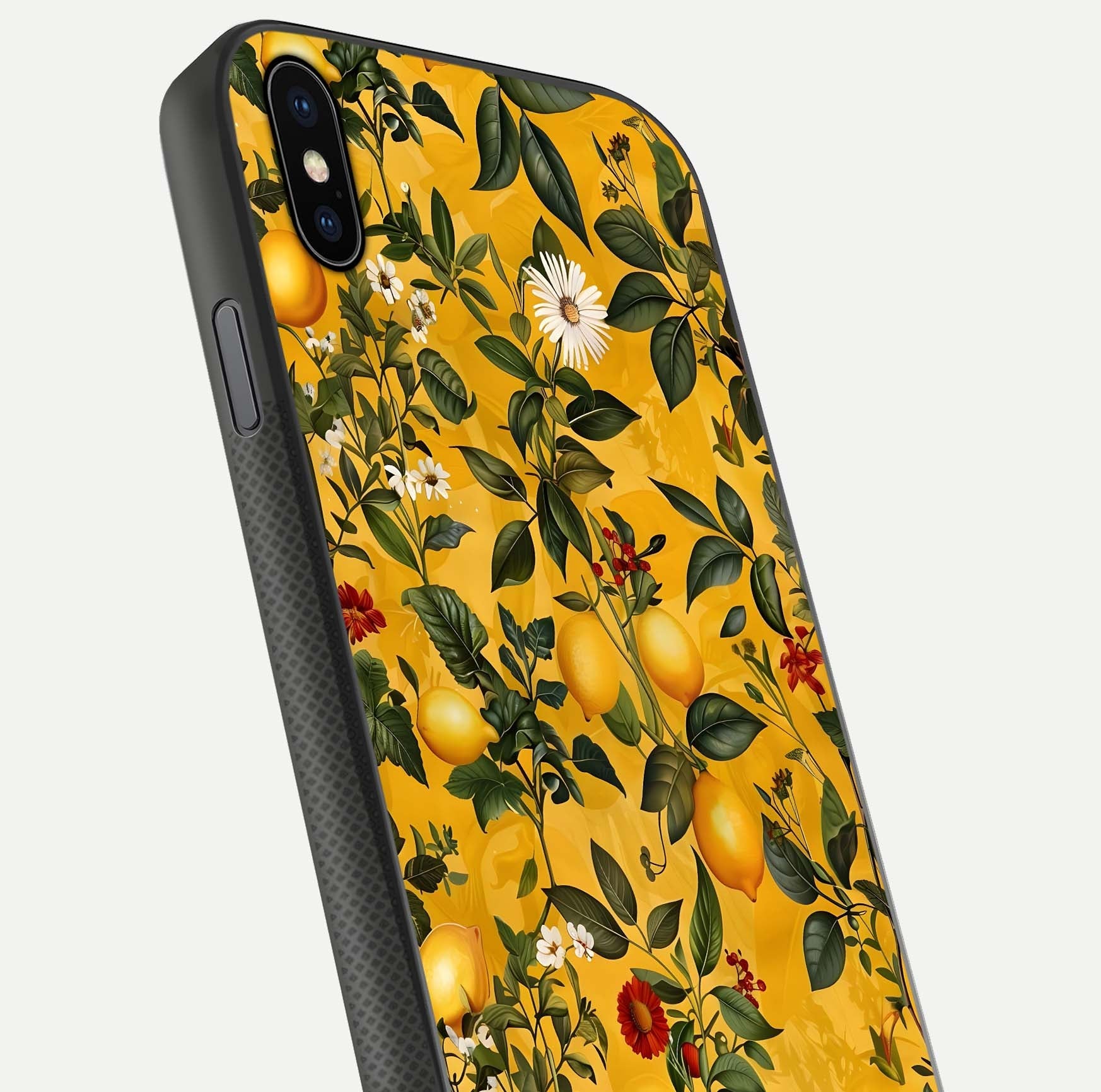 Golden Lemon Field Glass Case for iPhone Xs close-up angled shot showing citrus texture and reflection brilliance
