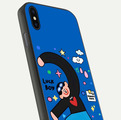 Happy Luck Vibe Glass Case for iPhone Xs close-up angled shot showing color details and reflection shine