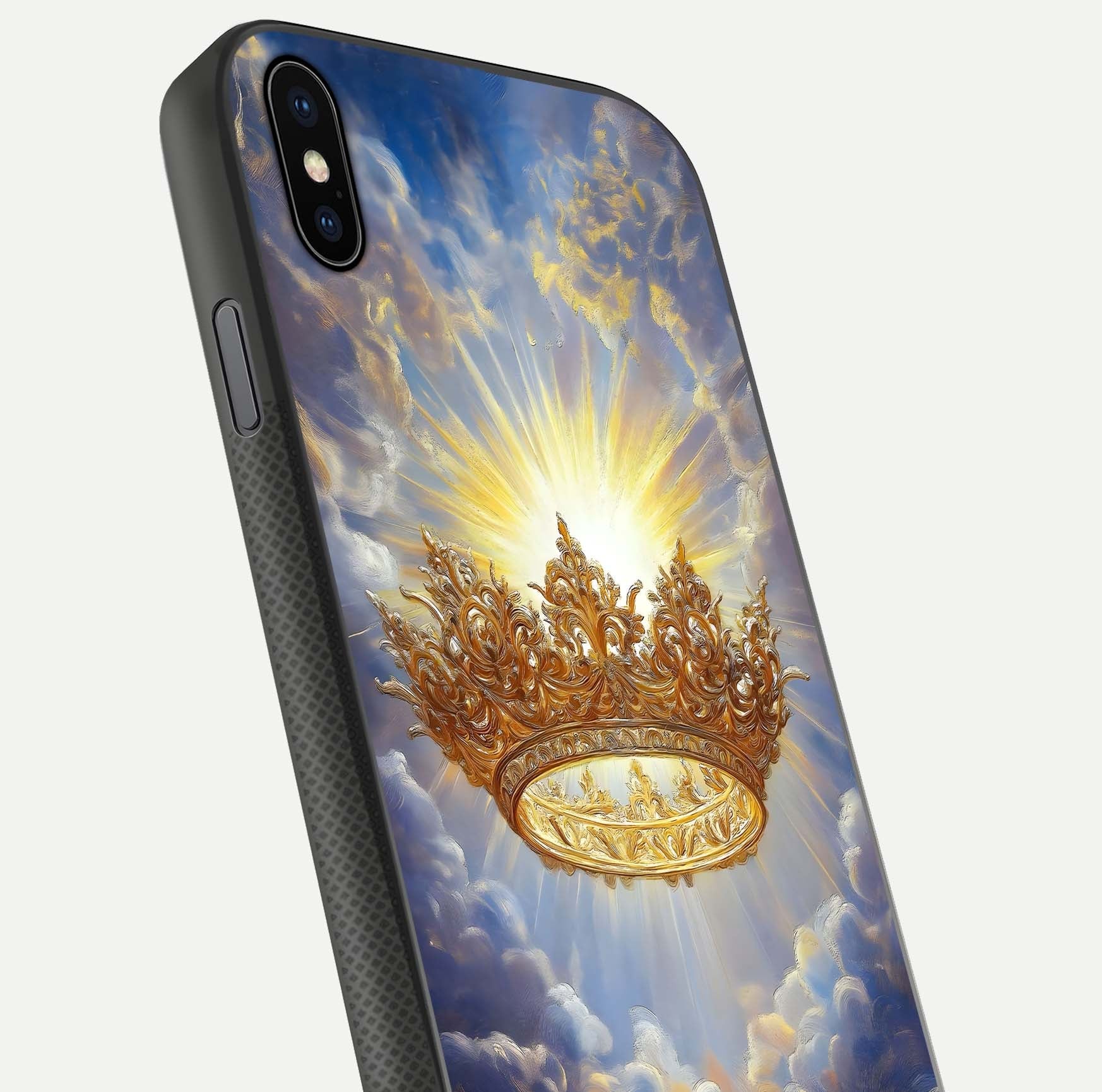 Heavenly Crown Light Glass Case for iPhone Xs close-up angled shot showing glowing halo details and smooth reflection