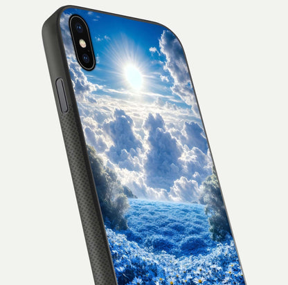 Heavenly Daisy Horizon Glass Case for iPhone Xs close-up angled shot showing daisy petal details and light reflection