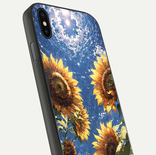 Heavenly Sunflower Rise Glass Case for iPhone Xs close-up angled shot showing sunflower texture and reflection polish