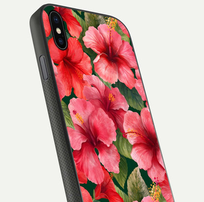 Hibiscus Pattern Glass Case for iPhone Xs close-up angled shot showing flower details and gloss reflection