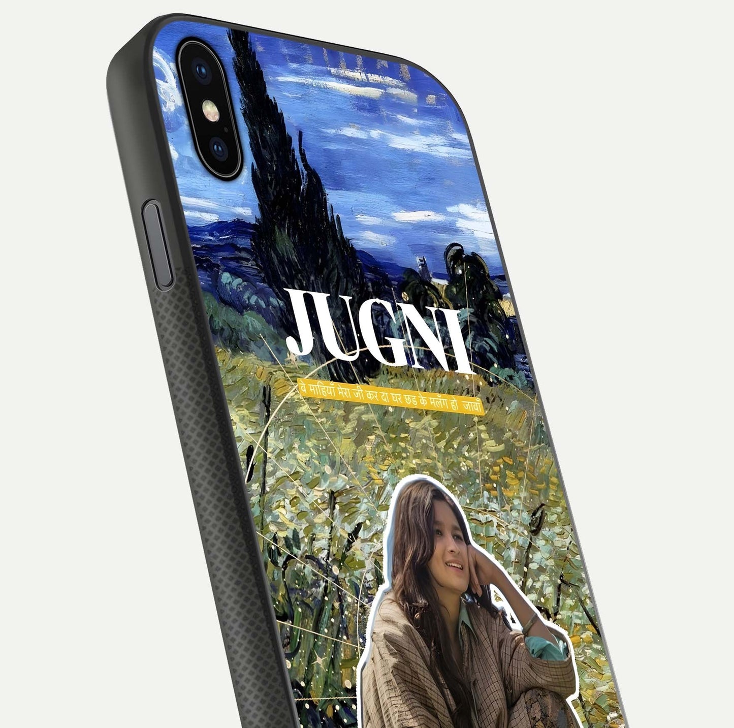Jugni Soul Vibes Glass Case for iPhone Xs close-up angled shot showing typography detail and vibrant gloss reflection