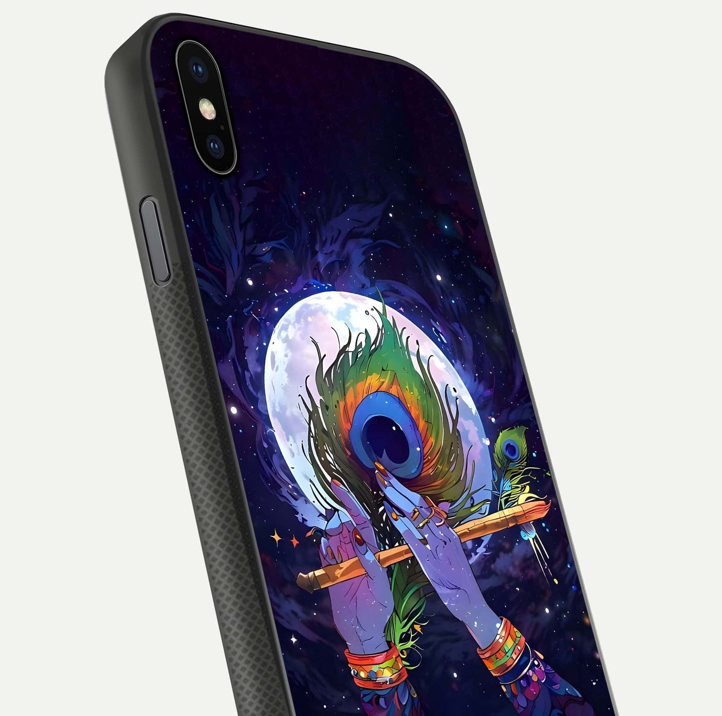 Krishna Hands Art Glass Case for iPhone Xs close-up angled shot showing detailed hand design and shine