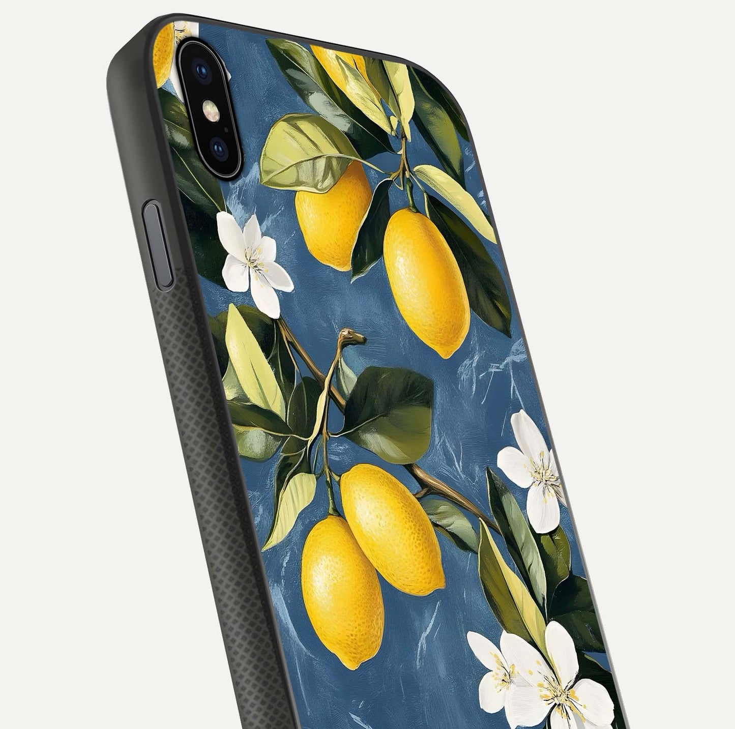 Lemon Dream Garden Glass Case for iPhone Xs close-up angled shot showing fruit details and shine reflection