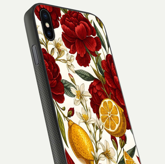 Lemon Rose Charm Glass Case for iPhone Xs angled close-up showing vivid rose details and HD glass reflection