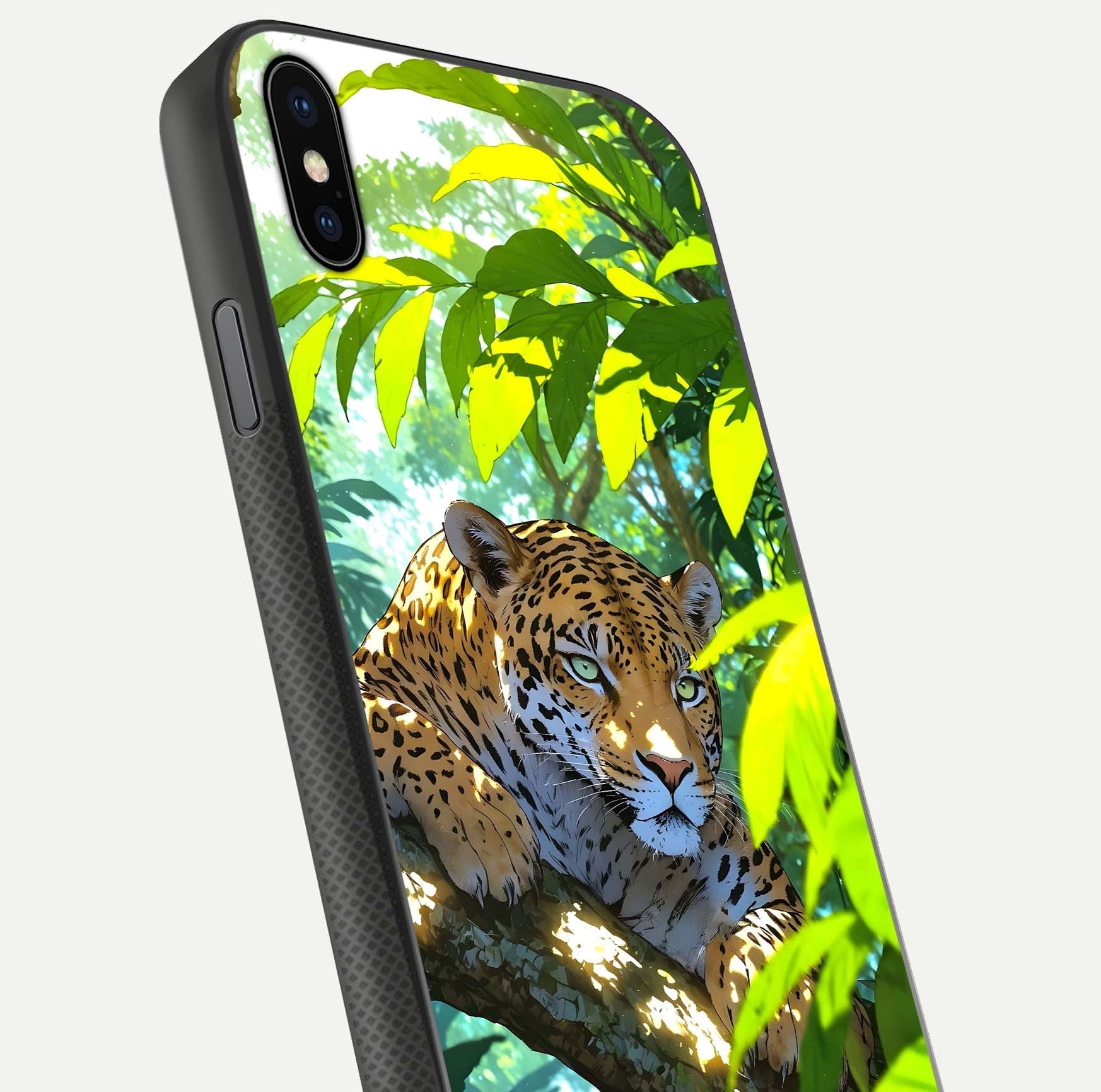 Leopard in Jungle Glass Case for iPhone Xs angled close-up showing fur texture and glossy shine reflection