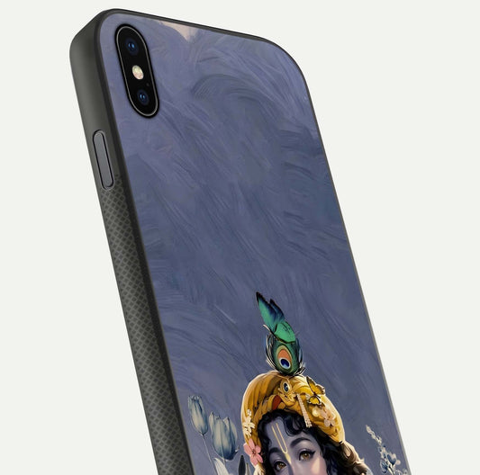 Lord Krishna Glass Case for iPhone Xs angled close-up showing intricate flute and reflection details