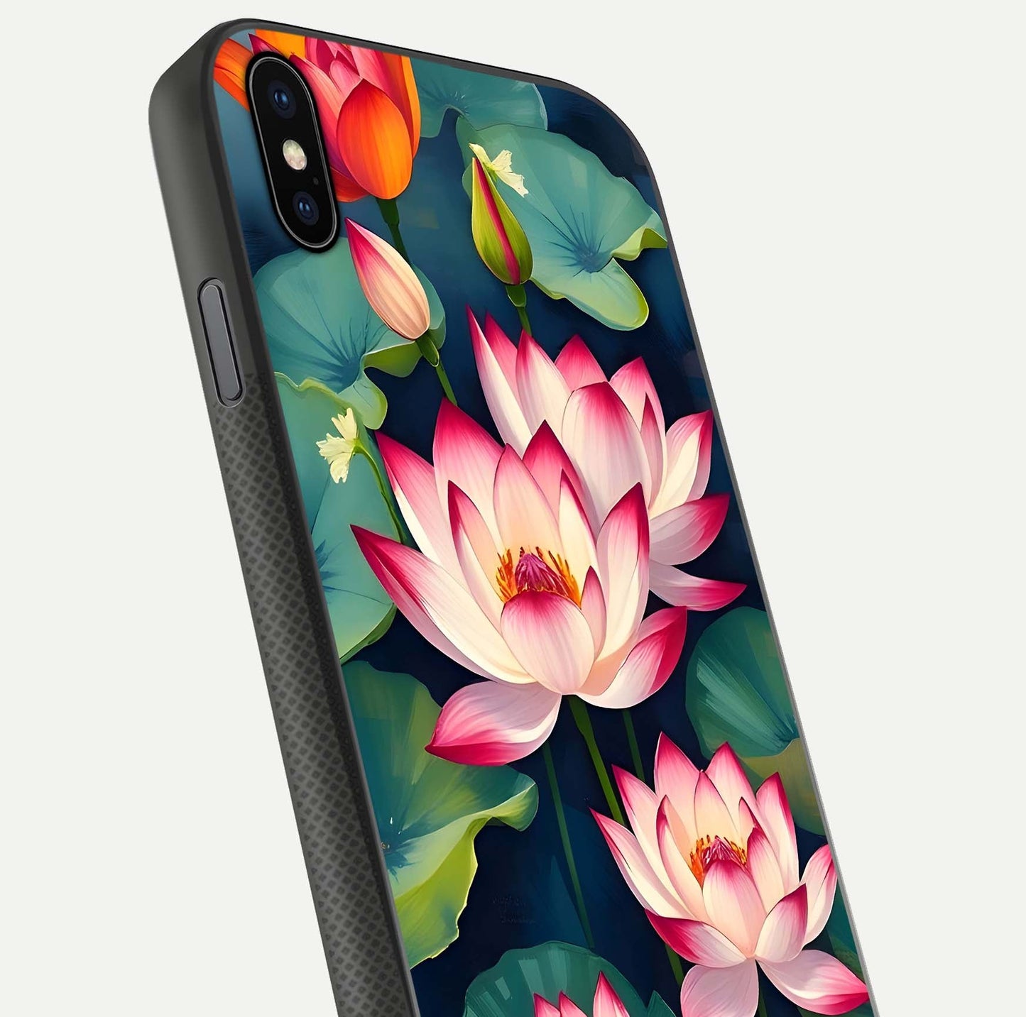 Lotus Dream Serenity Glass Case for iPhone Xs close-up angled shot showing floral details and soft shine