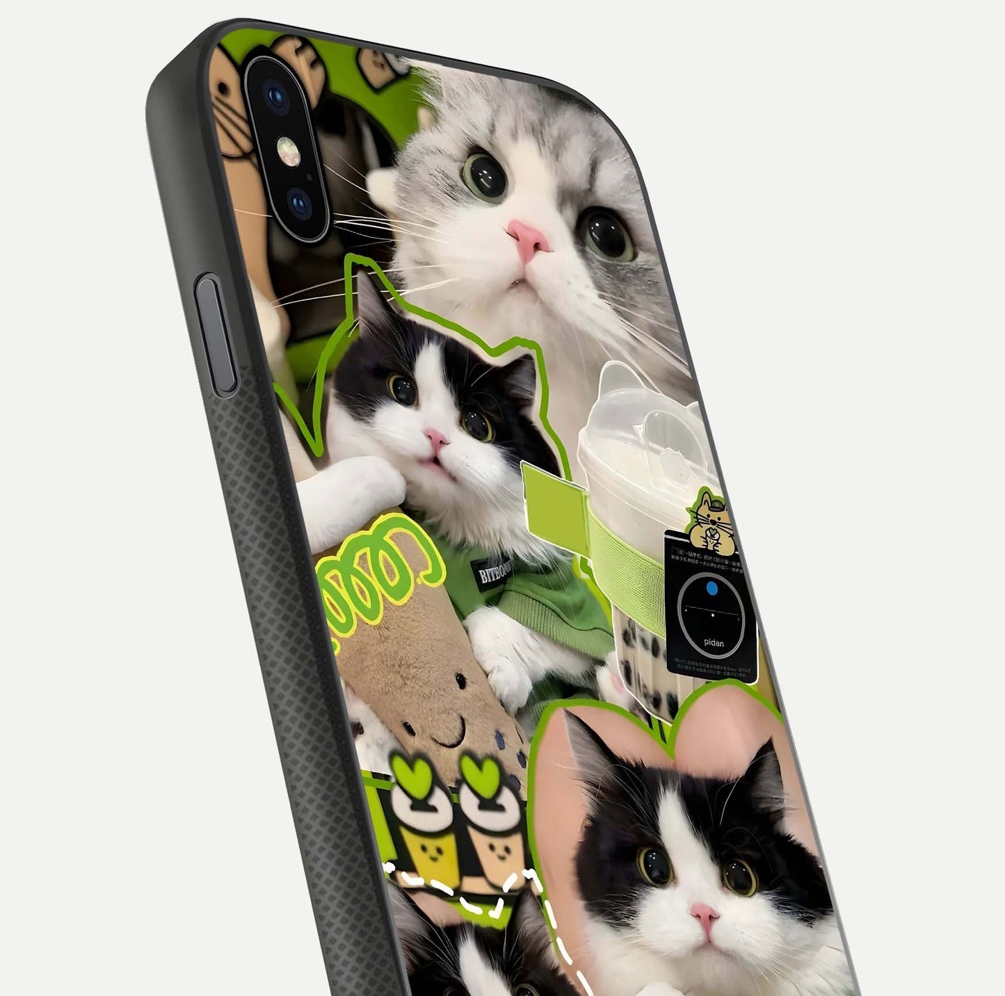 Matcha Cats Mood Glass Case for iPhone Xs close-up angled shot showing adorable cat art and reflection detail