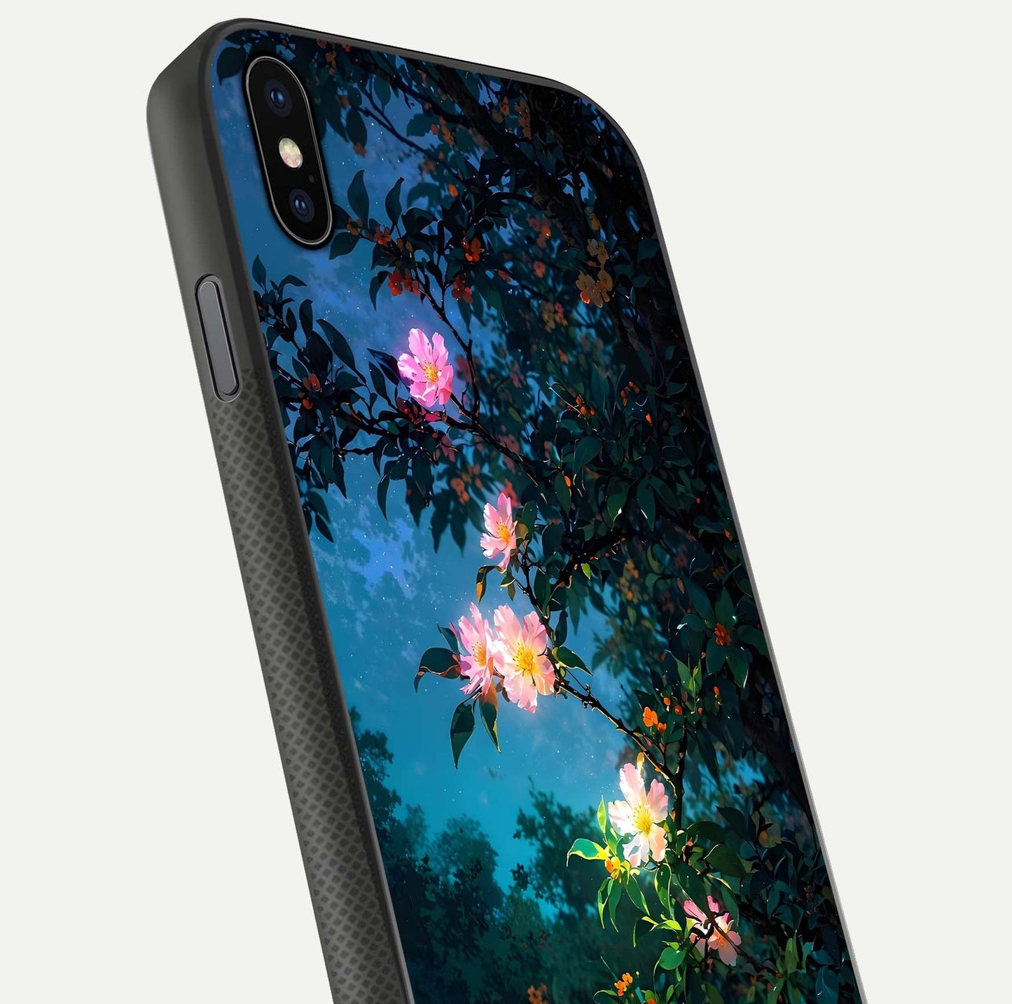 Midnight Bloom Glow Glass Case for iPhone Xs close-up angled shot showing petal highlights and glow reflection