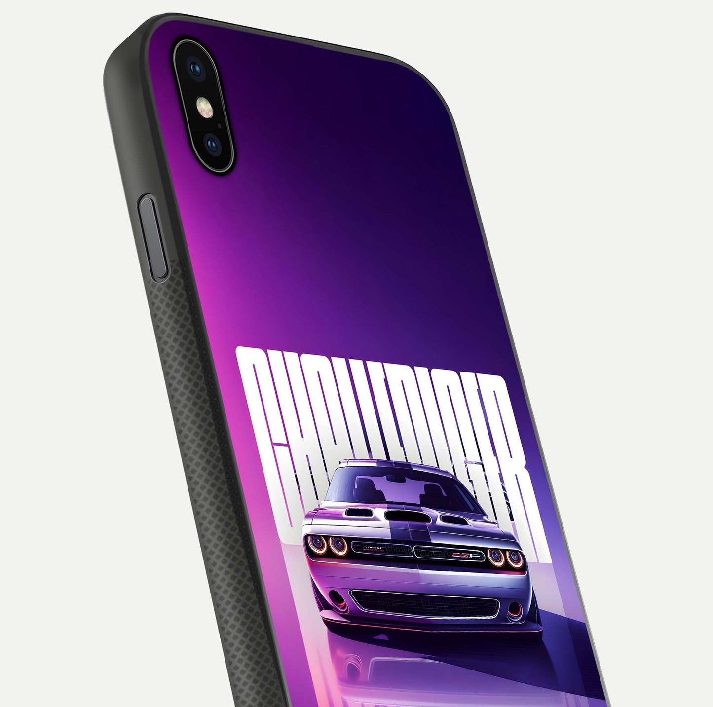Midnight Muscle Ride Glass Case for iPhone Xs close-up angled shot showing HD reflections and car details