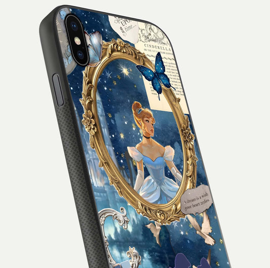 Midnight Queen Glass Case for iPhone Xs close-up angled shot featuring crown motif and gloss reflection