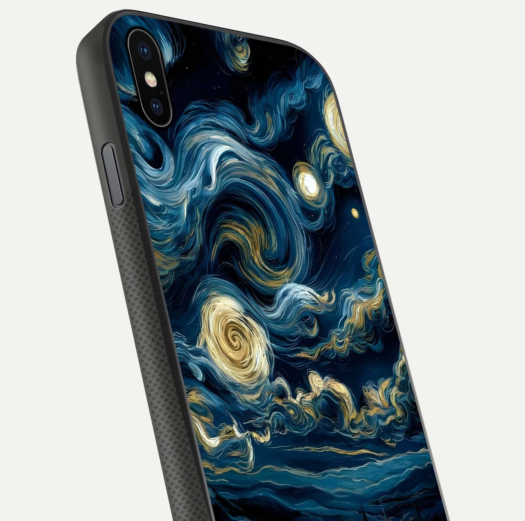 Midnight Sky Whirl Glass Case for iPhone Xs close-up angle showing spiral design and HD gloss reflection