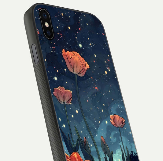 Midnight Tulip Glow Glass Case for iPhone Xs close-up angled shot showing petal details and reflection glow