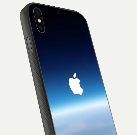 Minimal Apple Sky Glass Case for iPhone Xs close-up angled shot showing pastel blue hues and reflection