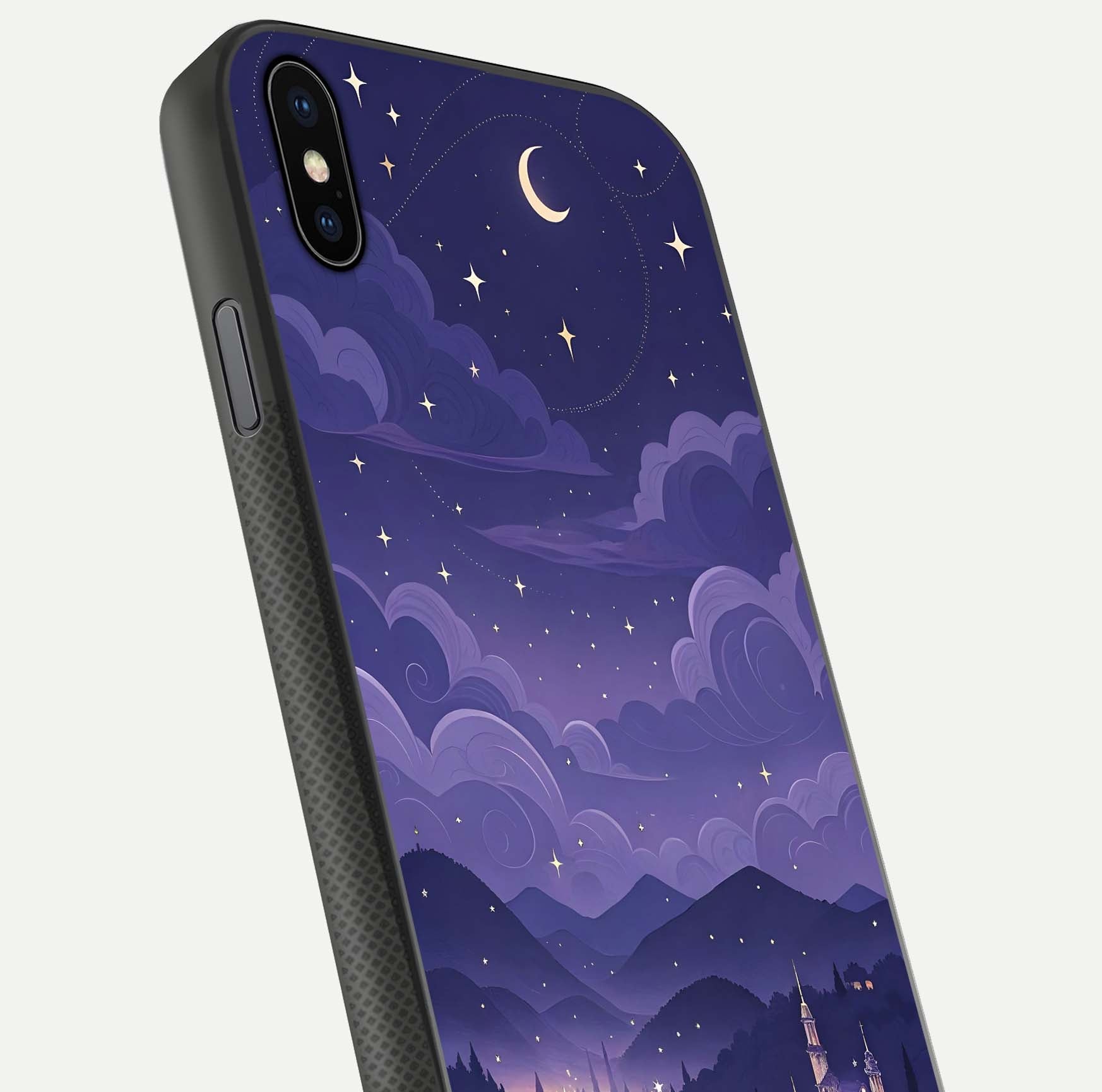 Minimal Night View Glass Case for iPhone Xs close-up angled shot showing lights reflection and dark tone details