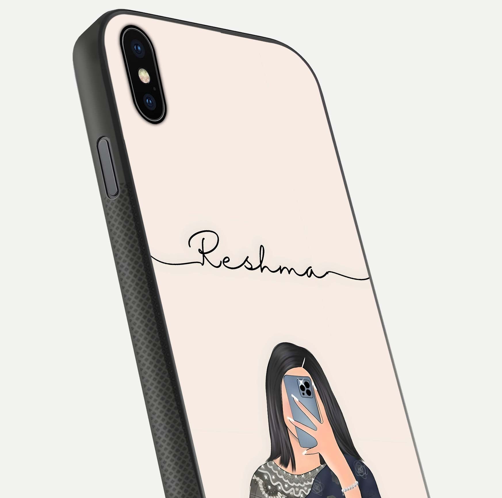 Mirror Mood Muse Custom Name Glass Case for iPhone Xs close-up angled shot highlighting gloss and mirror depth