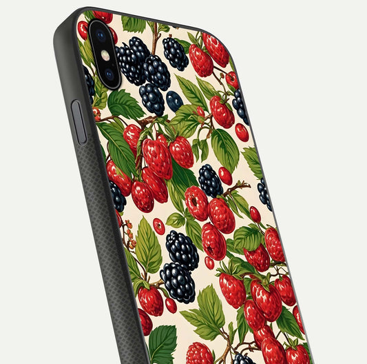 Mixed Berry Collage Glass Case for iPhone Xs close-up angled shot showing fruit detail and reflection glow