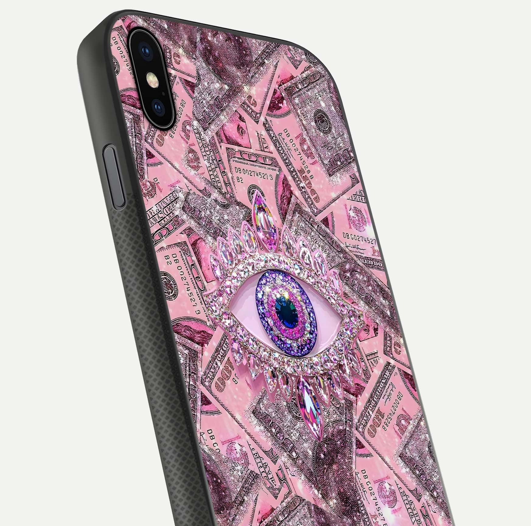 Money Eye Luxe Glass Case for iPhone Xs close-up angled shot showing gold detailing and reflection shine