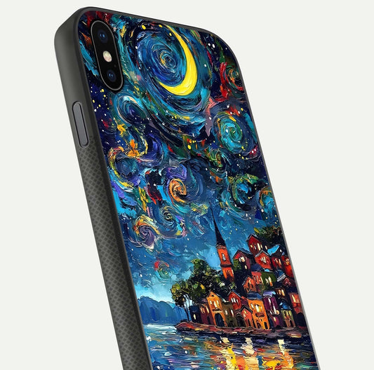 Moonlight Harbor Glow Glass Case for iPhone Xs close-up angled shot showing reflection and moonlight glow