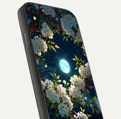 Moonlit Blossom Dream Glass Case for iPhone Xs close-up angled shot showing glowing petals and reflection