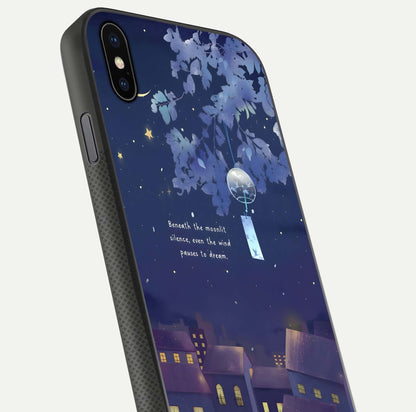 Moonlit Cat Silence Glass Case for iPhone Xs close-up angled shot showing soft glow and reflection texture