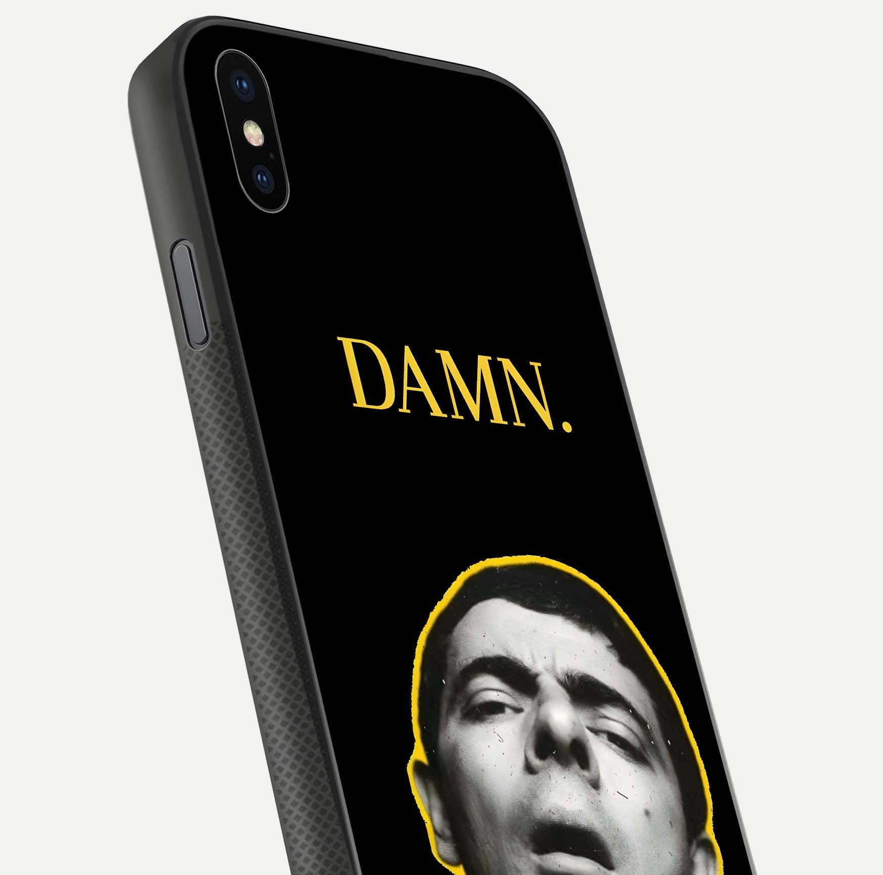 Mr Bean Damn Glass Case for iPhone Xs close-up angled shot highlighting comic expression and shine detail