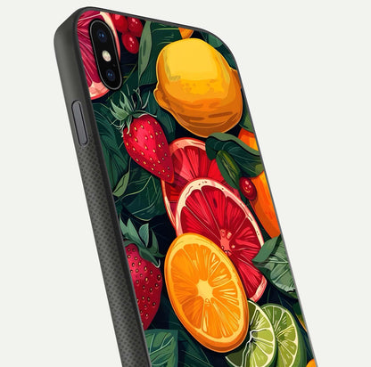 Multiple Fruits Glass Case for iPhone Xs close-up angled shot showing fruit texture and HD gloss shine