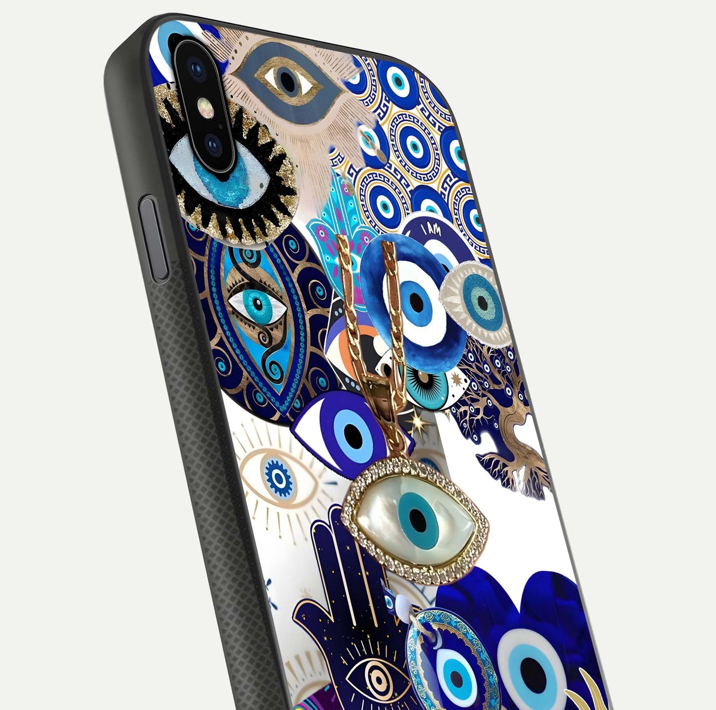 Mystic Charm Eye Glass Case for iPhone Xs close-up angled shot showing detailed eye art and reflection