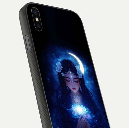 Mystic Moon Queen Glass Case for iPhone Xs close-up angled shot showing shine and lunar tones