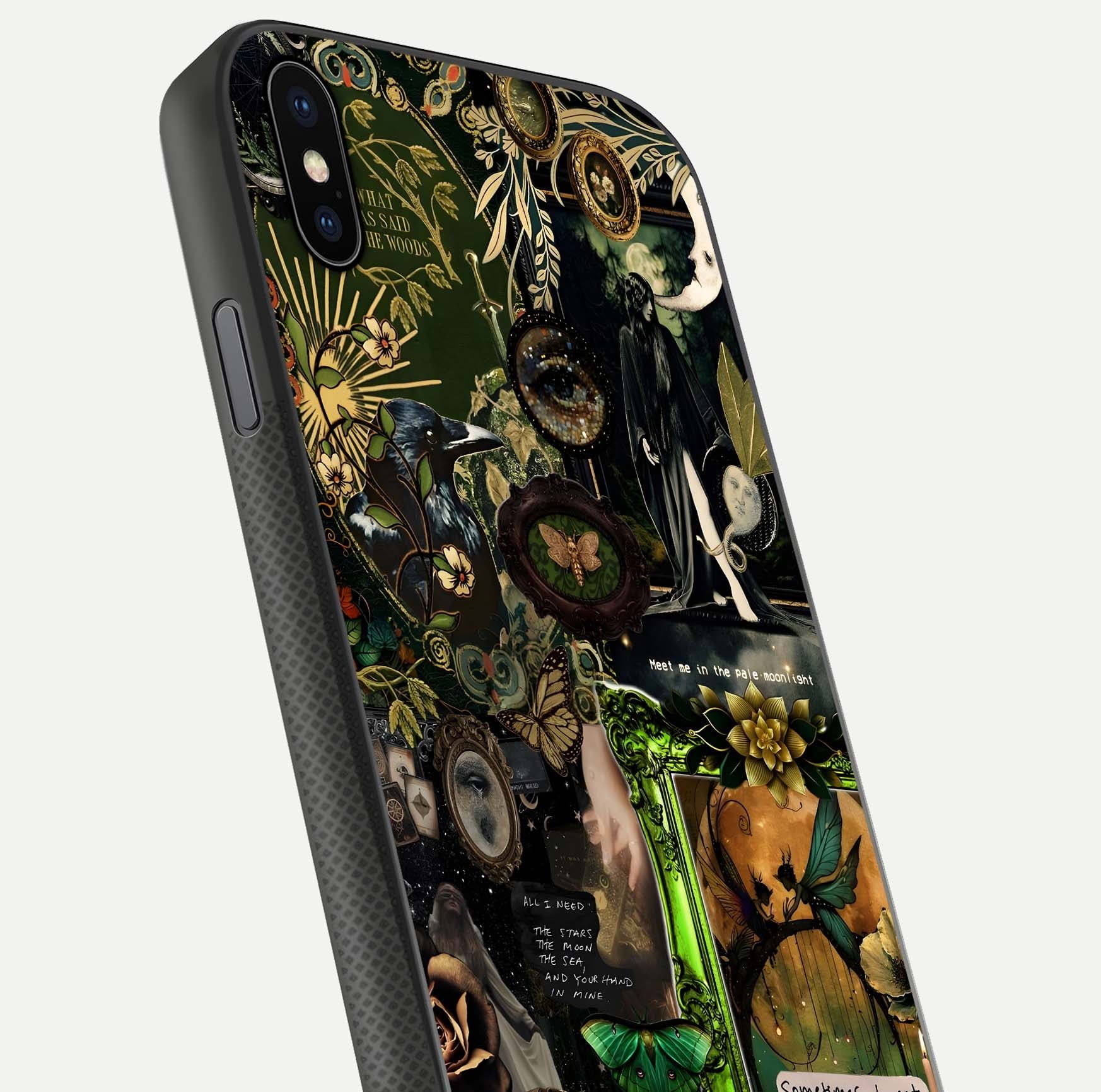 Mystic Woods Secret Glass Case for iPhone Xs close-up angled shot highlighting tree texture and reflection