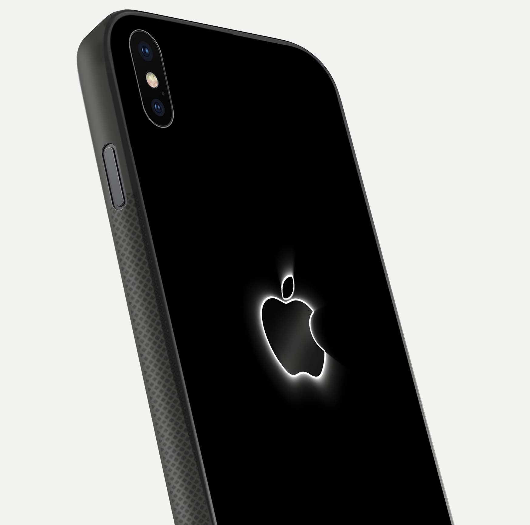 Neon Apple Glow Glass Case for iPhone Xs close-up angled shot highlighting neon reflection and color pop