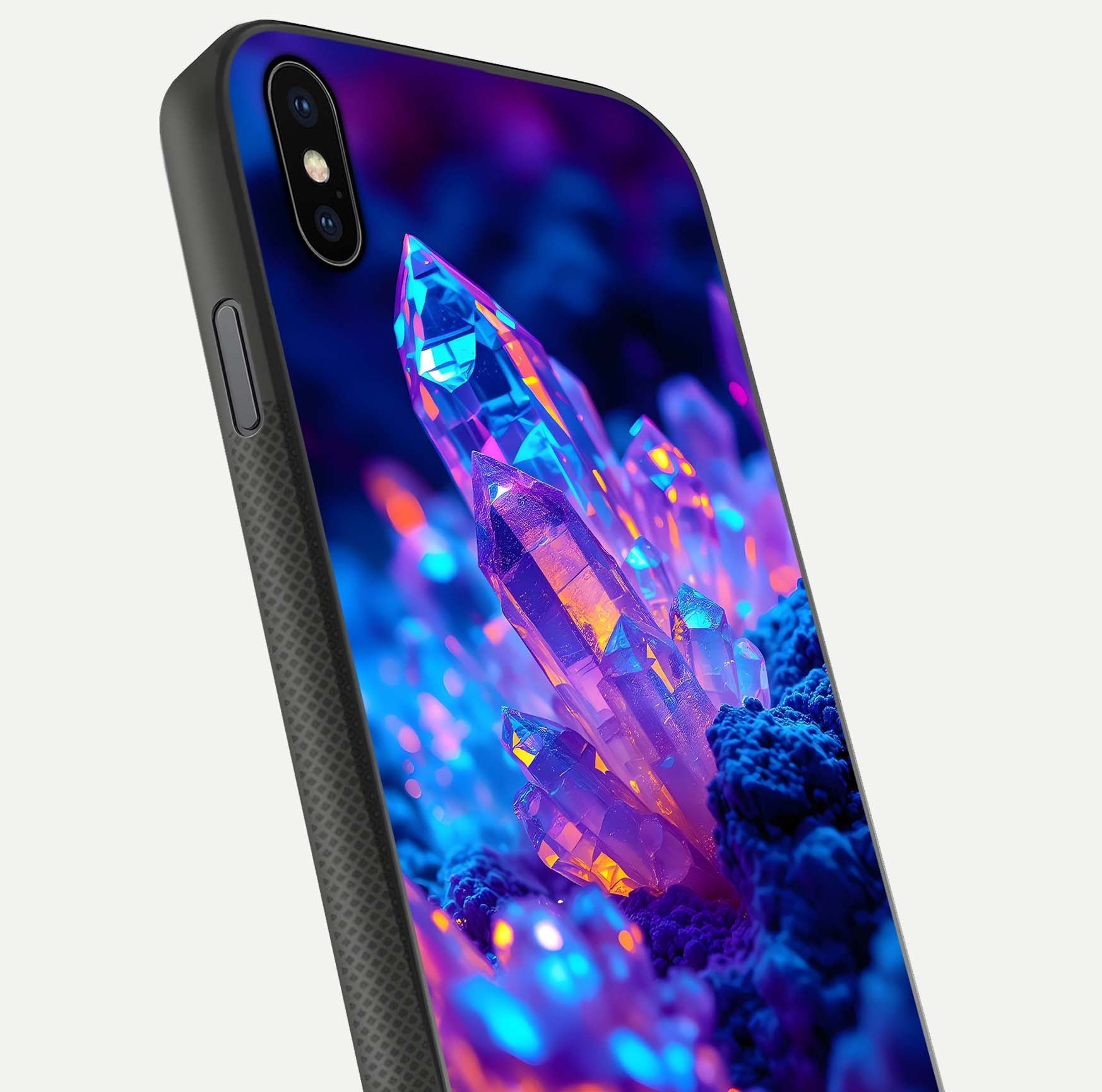 Neon Aura Shards Glass Case for iPhone Xs close-up angled shot highlighting fragment pattern and reflection